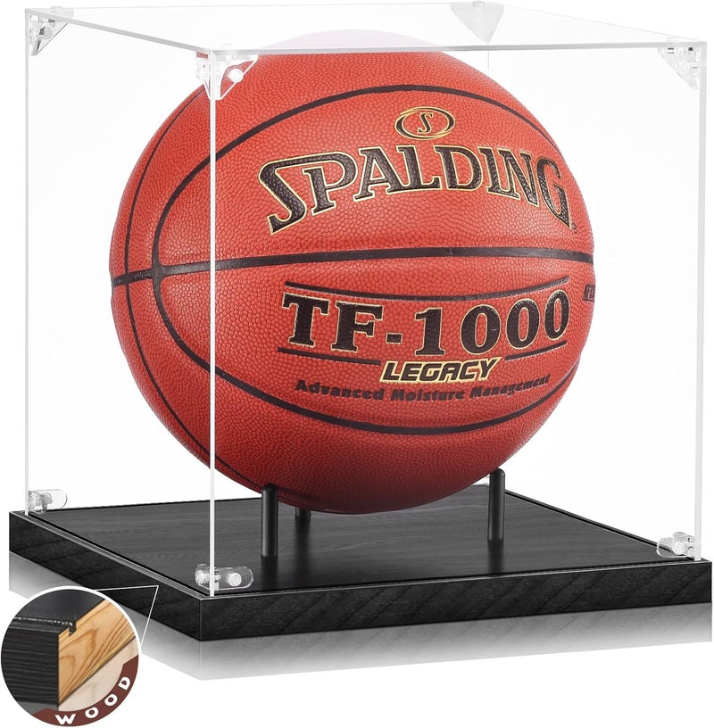 JupDec Basketball Display Case Acrylic Clear 10" Full Size with Solid Wood Base, UV Protected Soccer Display Stand Box for Autographed Standard NBA WNBA Ball Memorabilia Keepsake Ideal Gift, Black - Image 1